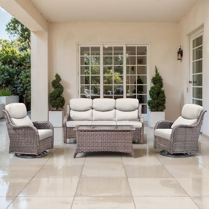 Outdoor Swivel Rocker Patio Chairs Set of 4 with Sofa - 5" Thick Cushion 4 Piece Furniture Set with Sofa All Weather Wicker Conversation Set for Porch Deck - Brown Wicker | Beige Cushions