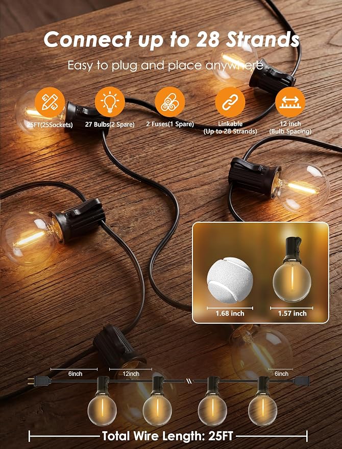 25FT G40 LED Globe Outdoor String Lights with 25 Plastic Shatterproof Bulbs | 2700K Warm White, IP65 Waterproof Hanging Connectable Globe Lights for Patio, Backyard, Bistro, Porch, Black Wire
