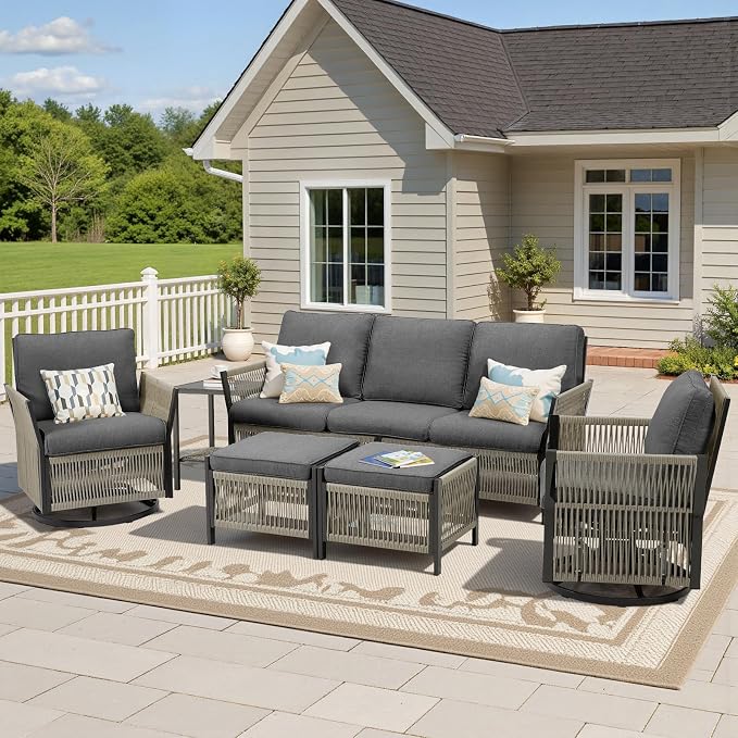 Patio Furniture Set Outdoor/Indoor, Wicker Patio Sofa, 6pcs Furniture Set with Swivel Rocker Chairs, Side Table, Sofa, and Ottomans for Backyard, Garden, Poolside(Grey)