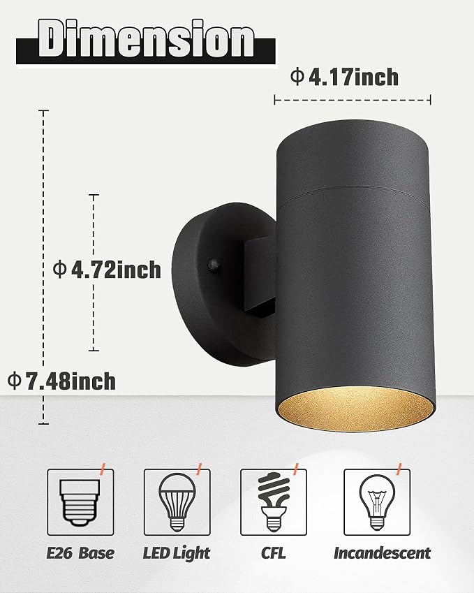 Ken & Ricky Modern Outdoor Wall Sconce Lights,Cylinder，Black ，1 Pack | No Glare Aluminum Exterior Lighting Fixtures,Downward Outside Wall Light,E26,For House Front Porch Garage Patio Entryway
