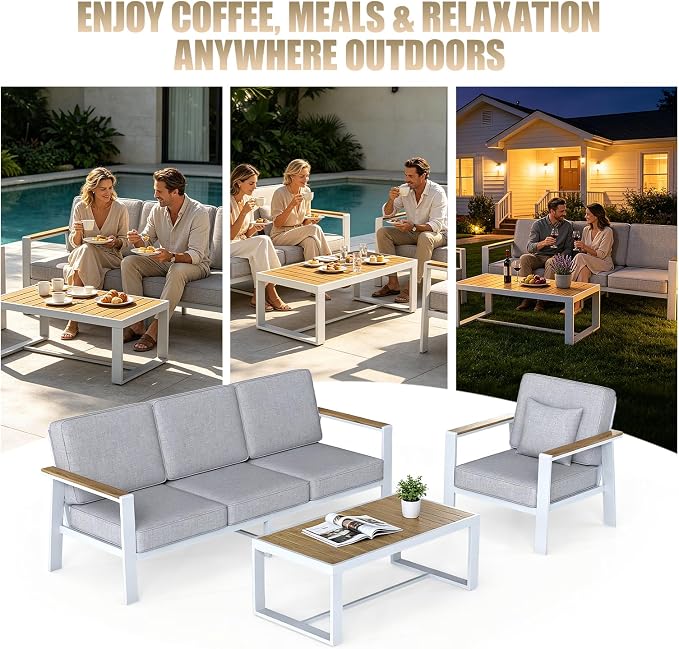 Premium Aluminum Patio Furniture Set 5 Piece,Outdoor Conversation Set with Wide Armrest,5" Thick Cushions, Olefin Fabric,Rustproof Metal Frame,Deep Seating Patio Sofa Set for Backyard,Deck,villa,White