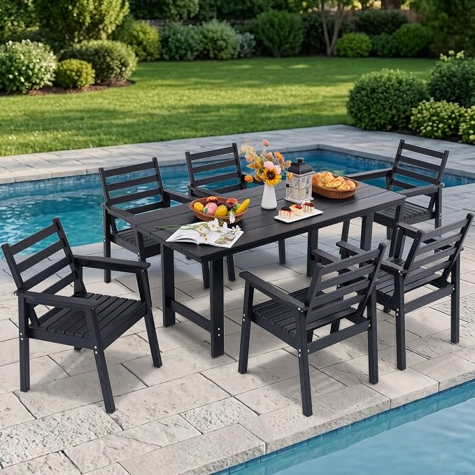 7-Piece Outdoor Dining Set, All-Weather HDPE Patio Furniture, 66.5" Slatted Table with 1.6" Umbrella Hole & 6 Ergonomic Armchairs, Heavy Duty 350lbs Capacity, UV Resistant, Black