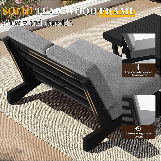 All Weather Patio Furniture Sets, 3 Pieces Black Wood Patio Loveseat Sofa Outdoor Sectional Futniture Backyard Conversation Set with Solid Wooden Coffee Table - Grey