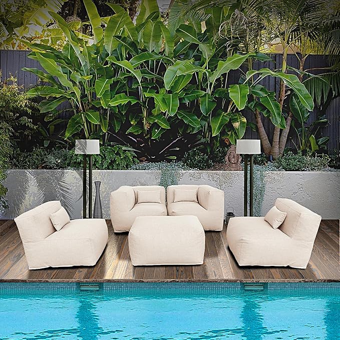 ANNYH PortoCervo 6PCS Patio Outdoor Furniture Sectional Conversation Set Combines 1 Middle & 2 Corner Chairs, 3 Ottoman, Foam Filled Bean Bag Chairs Modular Contemporary Sofa Comfy Couch, Light Beige