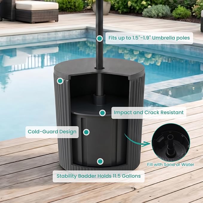 SUNBURY Umbrella Side Table, Outdoor Patio Table with Umbrella Hole for Porch, Round Base Outdoor Garden Stand for Modern Coffee, Picnic or Poolside Table, Easy Assembly, Black
