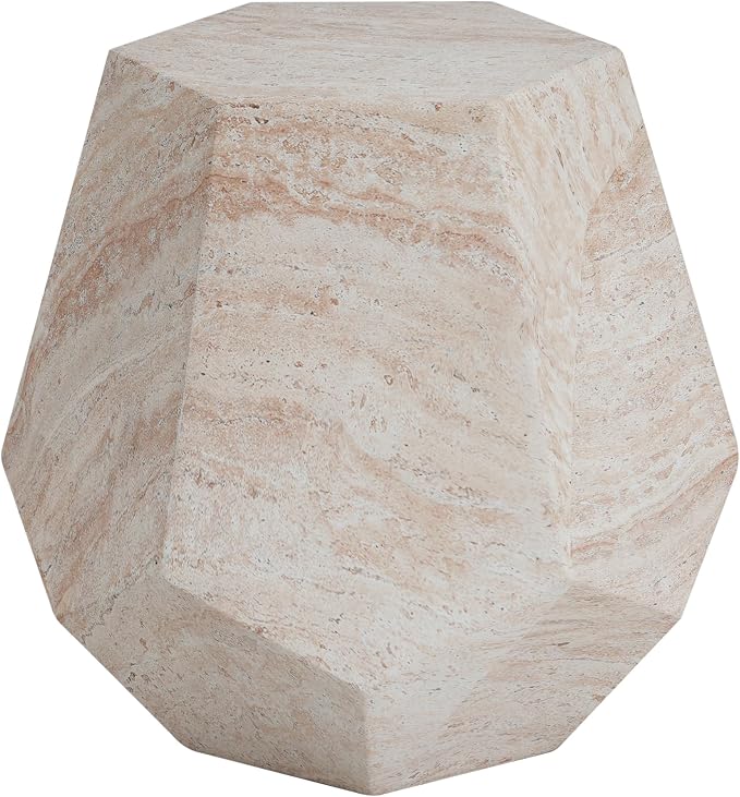 18.75" Outdoor Indoor Lightweight Concrete Side Table,Beige | Hexagonal Round Travertine Accent End Table