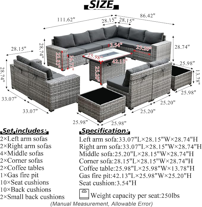 HOOOWOOO Outdoor Patio Sectional Furniture Sofa Set with Propane Fire Pit Table,13 Piece Large Modern Wicker Couch with Widened Armrest,Modular L Shaped Conversation Seating Set(Black)