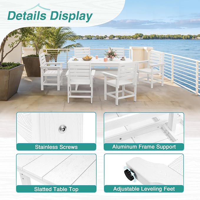 5 Piece Patio Dining Set, 66" Rectangle HDPS Weather Resistant Outdoor Table & 4 Patio Chairs Set with 1.96" Umbrella Hole, Heavy Duty Chairs for Backyard Balcony Deck, White