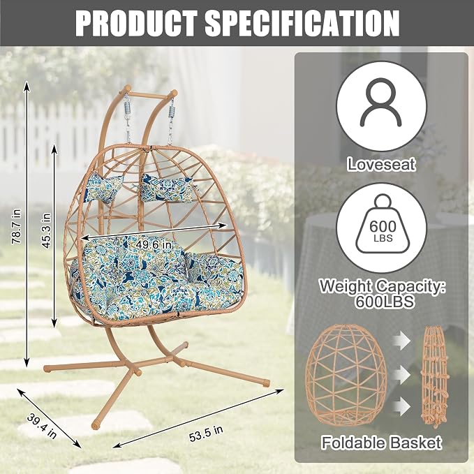 Double Egg-Shaped Hammock Chair, Swing Egg Chair, Wicker Hanging Chair with Removable Washable Cushion