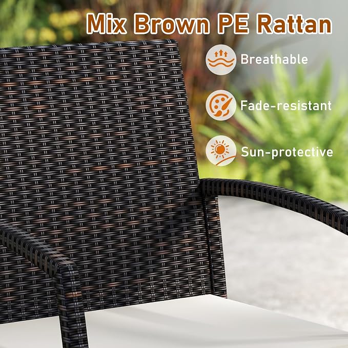 Tangkula 7 Pieces Outdoor Dining Set, Patio Acacia Wood Table and PE Rattan Chairs with Soft Cushions and 2” Umbrella Hole for Deck, Garden and Backyard