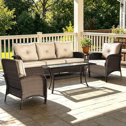Outdoor Swivel Rocker Patio Chairs (Brown Wicker/Khaki Cushion, 4PC/Sofa & Chair &Coffee Table)