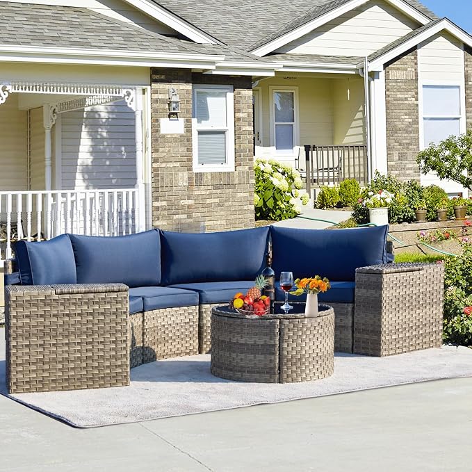 ECOTOUGE Half Moon Patio Furniture Set, 7-Piece All-Weather Wicker Curved Sofa Set, Half Moon Outdoor Couch with High Backs, Fit for Pool Backyard Balcony Garden(Blue)