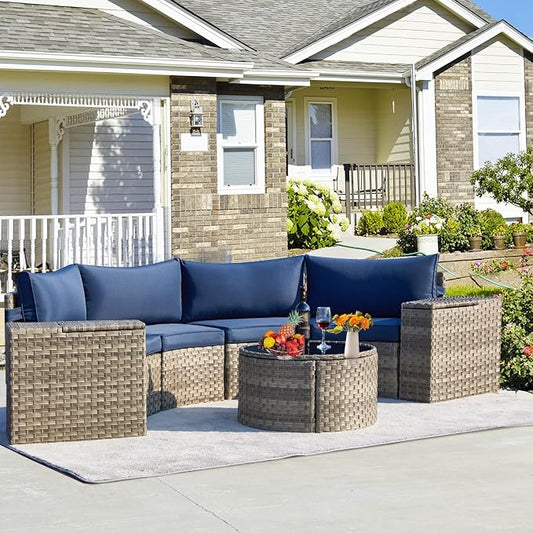 ECOTOUGE Half Moon Patio Furniture Set, 7-Piece All-Weather Wicker Curved Sofa Set, Half Moon Outdoor Couch with High Backs, Fit for Pool Backyard Balcony Garden(Blue)