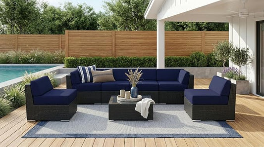 Fully Assembled Ohana 7 Piece Outdoor Patio Furniture with Sunbrella Navy All-Weather 6-inch Rainshield Cushions and Oversized Seats