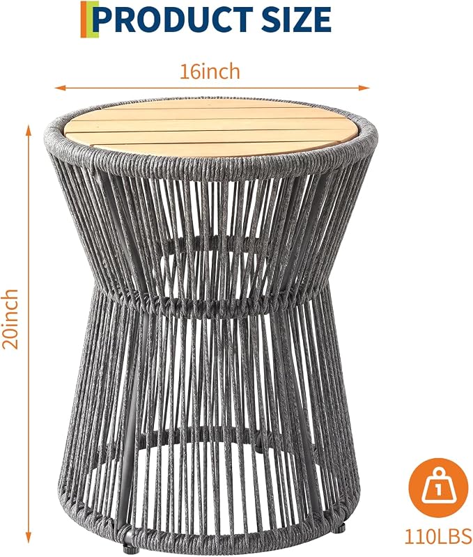 Garvee Outdoor Small Side Table, 20’’ h Patio Rattan End Table with Wood Top Round Coffee Table for Living Room Outdoor Patio Backyard Poolside