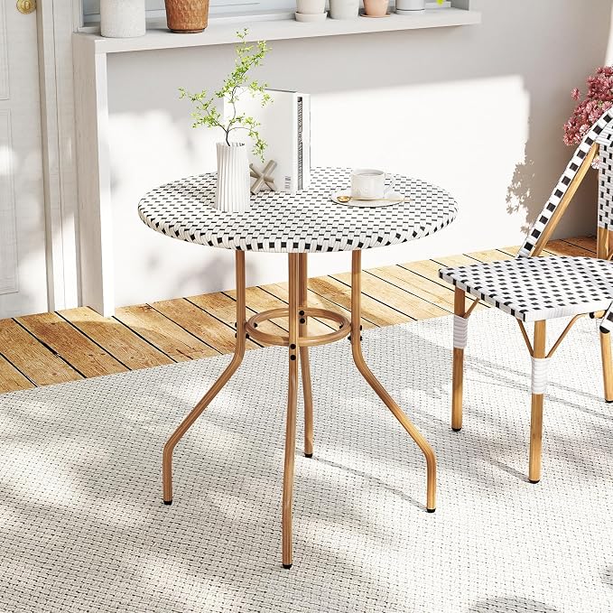 HAPPYGRILL Outdoor Bistro Table, 27.5” Round Patio Table with Hand-Woven PE Rattan Tabletop and Metal Frame, for Garden Backyard Porch Balcony