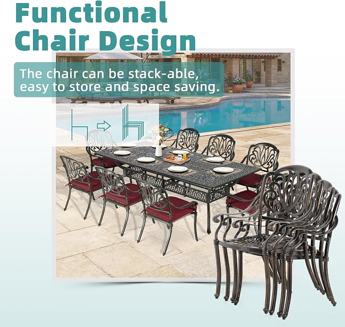 MEETWARM 9-Piece Outdoor Patio Dining Set for 8, All Weather Cast Aluminum Patio Funiture Table and Chairs Set- 94.5” Rectangular Table and 8 Cushioned Chairs for Garden, 2" Umbrella Hole, Chili Red