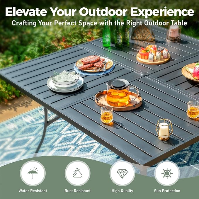 SUNSHINE VALLEY Patio Dining Set for 8, 57.5" x 57.5" Square Metal Table with Umbrella Hole, 8 x Stable Dining Chairs, Outdoor Table and Chairs Set for Lawn Backyard and Deck, Red
