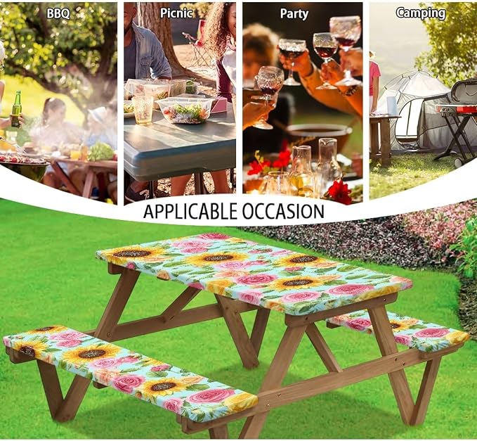 Picnic Table Cover with Bench Covers Elastic Edges, Rectangle Fitted Table Cover, Outdoor Patio Camping Essentials 72 Inch 3PCS, Waterproof Camping Fitted Tablecloth
