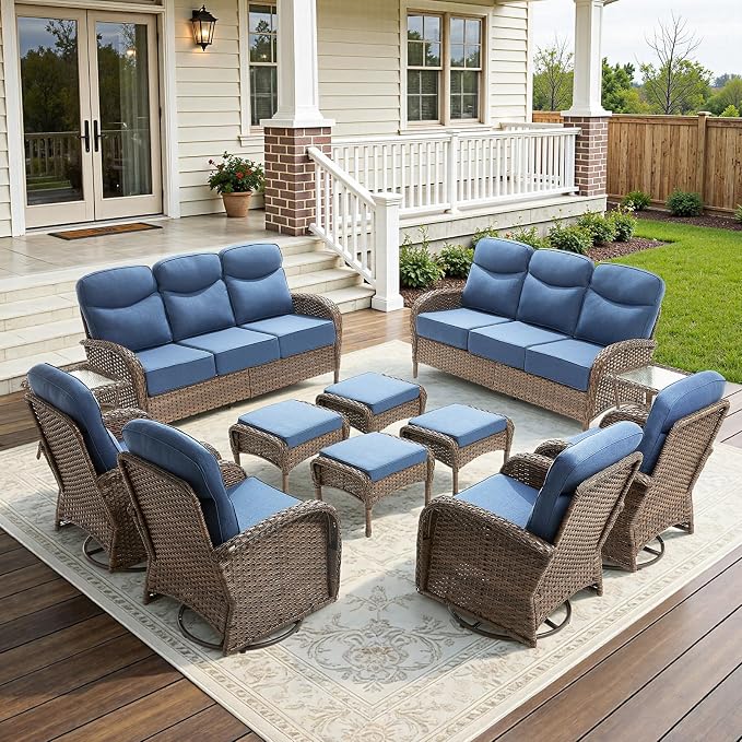 12-Piece Luxury Patio Furniture Set with 6-inch Thick Cushion,Outdoor Wicker Sofa Couch Set of 2 & Swivel Rocker Chairs, Conversation Set for Poolside, Deck & Yard - Blue