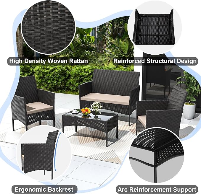 Gotland 4 Pieces Patio Furniture Set, Wicker Outdoor Furniture with 2 Chairs 1 Loveseat 1 Glass Coffee Table, Weather-Resistan Patio Set with Cushions, for Backyard Pool Porch Khaki