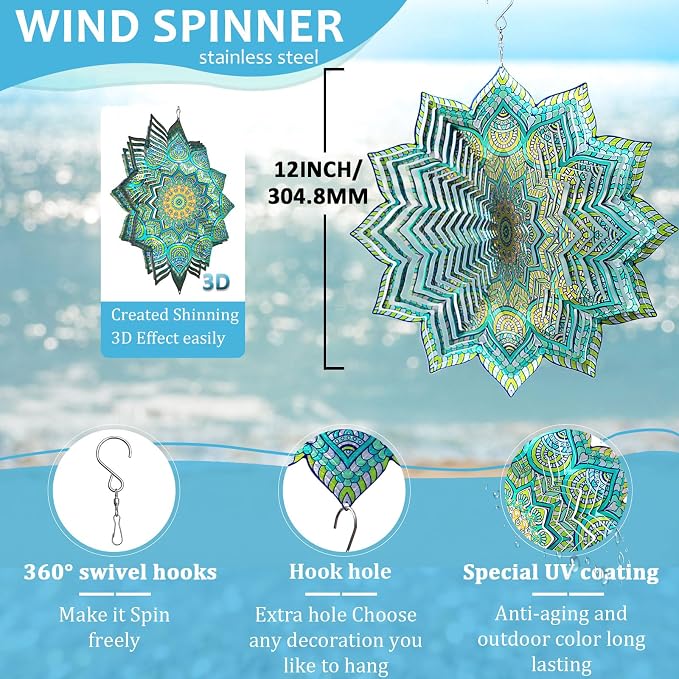 Wind Spinner Mandala Peacock Flower,12Inch Stainless Steel Wind Spinners Outdoor,Garden Decor,3D Kinetic Yard Art Decorations,Garden Gifts for Women Mother Father Men,Hanging Sculptures