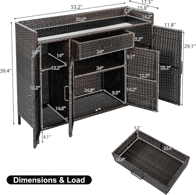 53.2"W Outdoor Weather-proof Rattan Storage Cabinet with Tempered Glass Desktop,Outdoor Wicker Bar Table with One Large Drawer & Adjustable Shelves for Patio, Backyard,Garden,Pool (Black+Brown#81)
