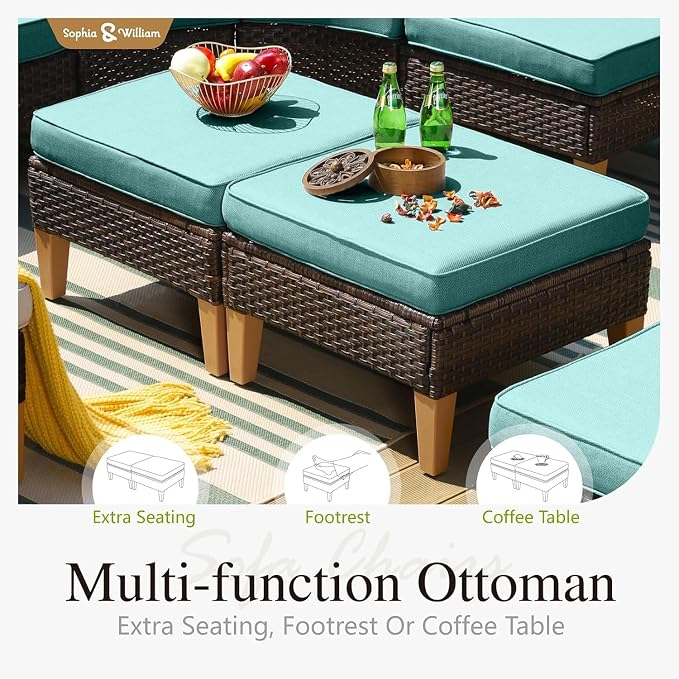Sophia & William Patio Furniture Set with Fire Pit Table, 8 Piece Outdoor Wicker Furniture Sectional Sofa, Large Patio Rattan Conversation Set with Ottoman & 56" Fire Pit Table(Aqua Blue)