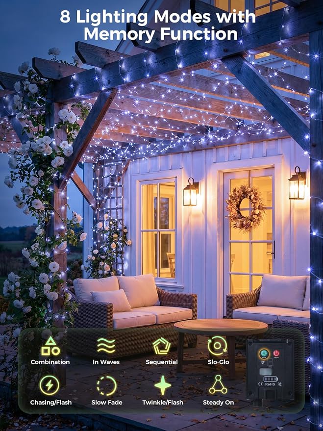 Solar String Lights for Outside,100FT 300 LEDs Solar Fairy Lights,Waterproof 8 Modes Button Outdoor String Light for Patio Garden Backyard Tree Wedding Christmas,Silver Wire,Cool White