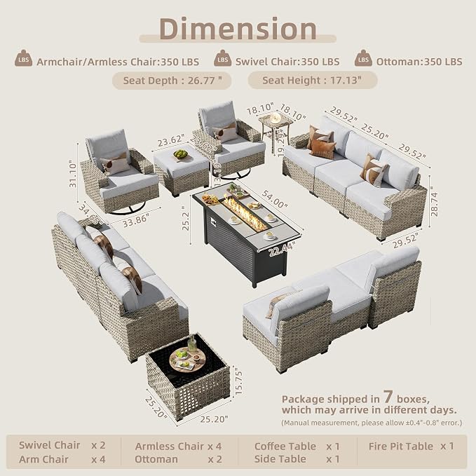 CAODOC 15-Piece Outdoor Sectional Sofa Set w/ 54" Fire Pit – L-Shaped Wicker Patio Furniture, Deep Seating & Swivel Rockers, Grey