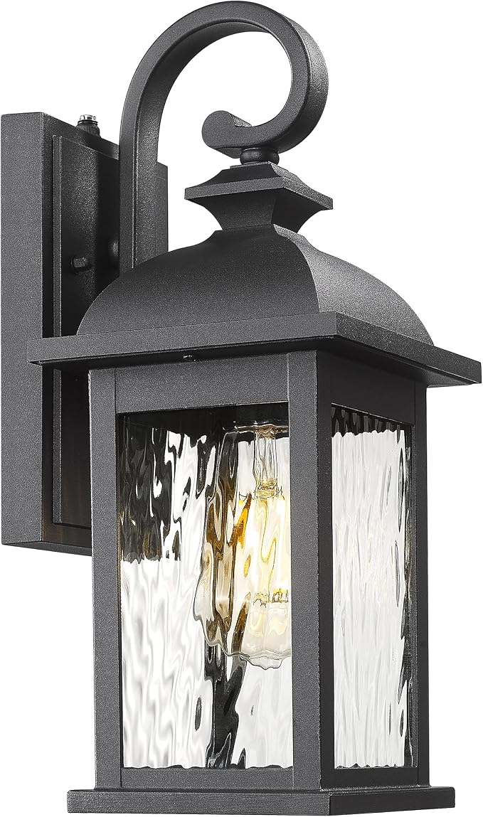 FEMILA Dusk to Dawn Exterior Wall Sconce, 15" Front Porch Light Fixtures Wall Mount for Patio, Garage, Garden, UL Listed, Matte Black Water Ripple Glass, 4FD54B-PC BK-WP