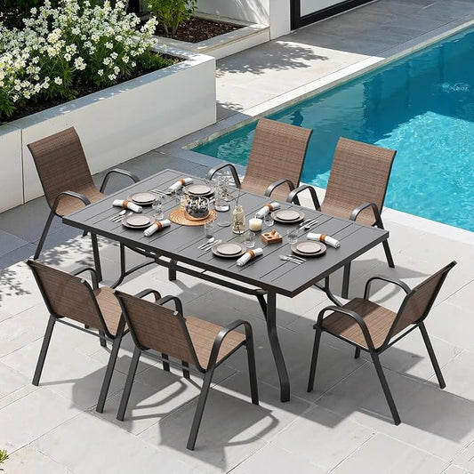 Soohow 7-Piece Outdoor Dining Set, Outdoor Patio Table and Chairs Set, 6 x Stackable Chairs & 1 x Outdoor Table with Umbrella Hole, All-Weather Patio Dining Sets for Poolside, Backyard and Porch