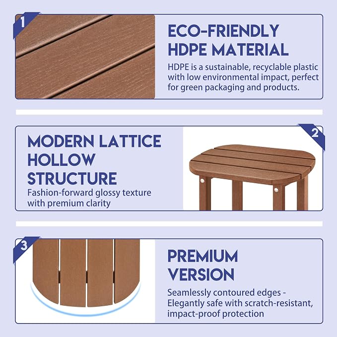 LZRS Patio End Table, Heavy Duty HDPE Outdoor Coffee Table with Wood Texture, Weatherproof Composite Table for Adirondack Chairs, Deck, Pool, Indoor/Outdoor, No Peeling Cracking(Brown)