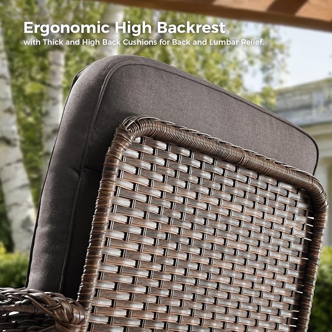 Luxury Patio Furniture Set with 6-inch Thick Cushions, Outdoor Furniture Set with High Back Swivel Chairs, 7 PCS Wicker Outdoor Conversation Set for Porch, Patio, Yard, Deck, Poolside, Brown/Grey