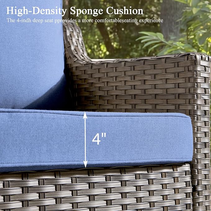 Luxury Patio Furniture sofa Set - 6 Pieces All Weather Wicker Outdoor Couch and High Back Swivel Rocker Patio Chairs with Glass coffee table for Deck Yard and Poolside Gray Wicker | Blue Cushions