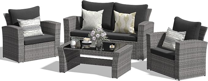 FansaFurn 4-Piece Outdoor Patio Furniture Set, All Weather Wicker Rattan Sectional Sofa Conversation Seating Set with Cushions & Large Glass Coffee Table, Ideal for Garden Backyard Porch, Dark Grey