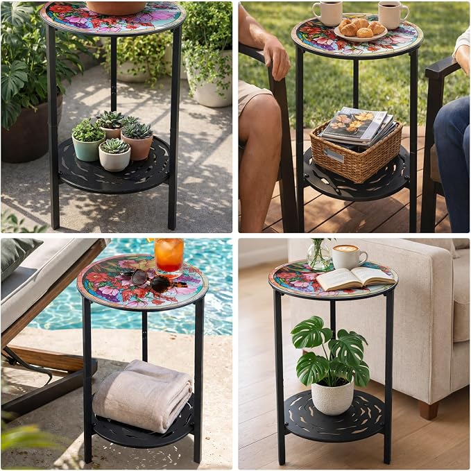 2-Tier Metal Round Side Table Accent Coffee Tables Small Space Corner Plant Stand Shelf for Indoor Outdoor Use Patio Balcony End Table Colorful Floral Print Weather-Resistant