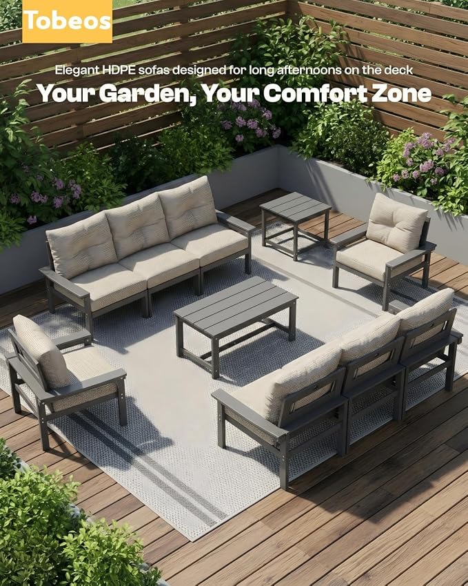 HDPE 10 Piece Outdoor Patio Furniture Set, All-Weather Outdoor Couch Set with Thick Cushions & Coffee Table, Patio Conversation Sets for Lawn, Deck,Garden, Porch, Balcony, Poolside, Grey Beige