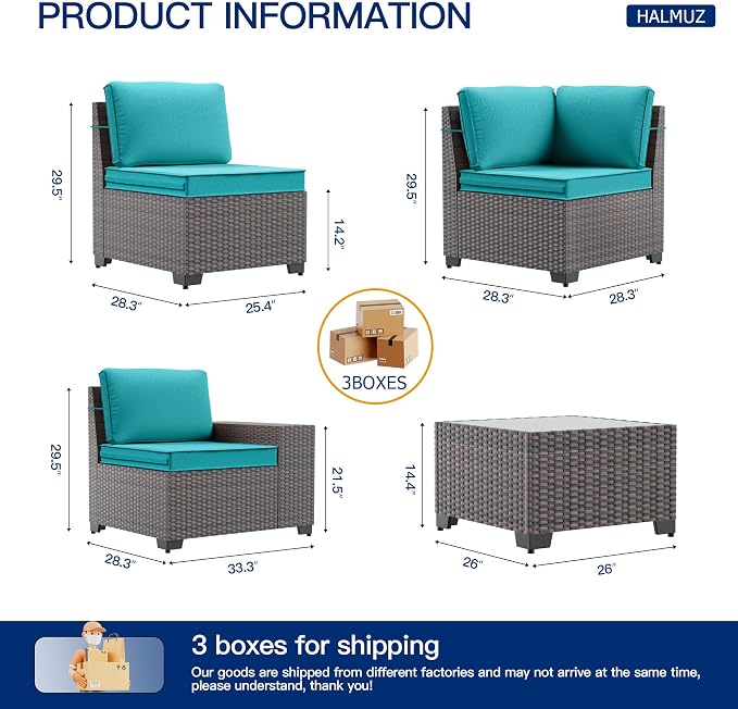 6 Pieces Patio Furniture Sets with Glass Tea Table,PE Rattan Wicker Patio Conversation Set with Washable Cushions,Outdoor Patio Sectional Furniture Set for Backyard, Poolside, Garden,Blue