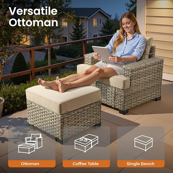 ovios 10 Piece Patio Sectional Furniture with 42in Fire Pit Table, Rattan Wicker Coversation Setwith Single Chairs, Outdoor Sofa Set for Outside Porch Balcony Backyard Pool, Beige