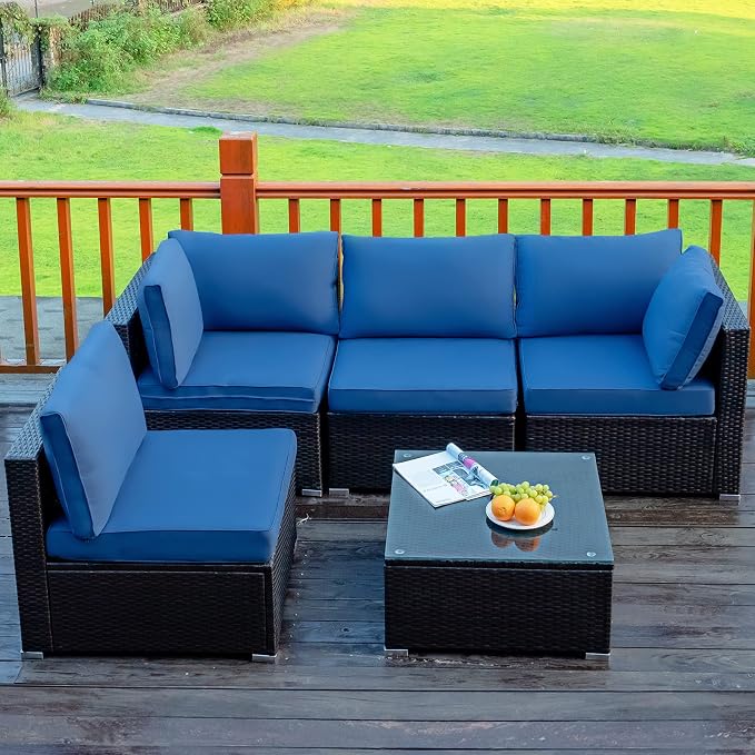COSTWAY 5-Piece Outdoor Patio Furniture Set, PE Rattan Sofa Chairs with Cushions and Tempered Glass Coffee Table, Conversation Sofa Set for Backyard Garden (Navy)