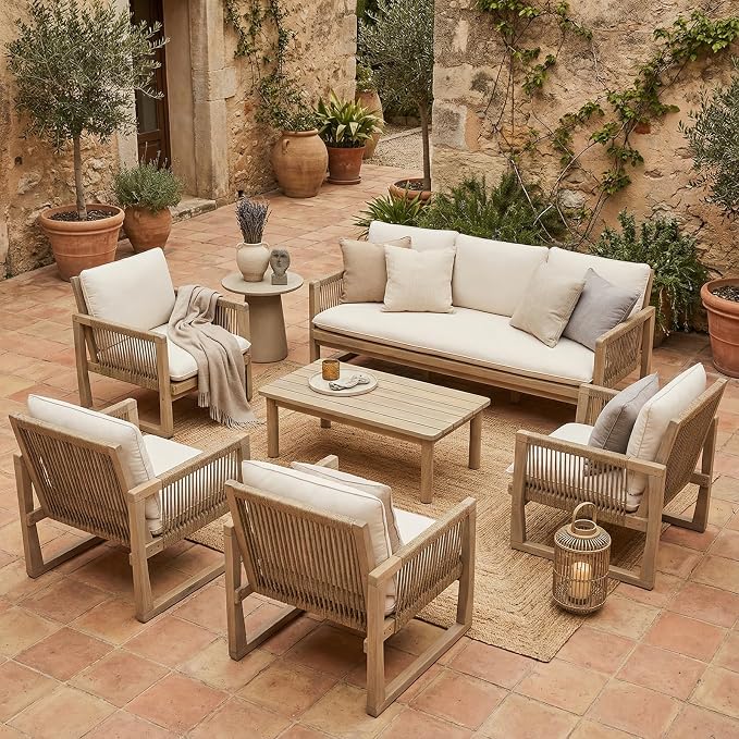 SUNSITT 6-Piece Acacia Wood Patio Furniture Set, Outdoor Conversation Sofa Set with 3-Seat Sofa, 4 Rope Woven Outdoor Club Chairs & Slatted Coffee Table, Cream White Cushions for Porch, Backyard, Deck