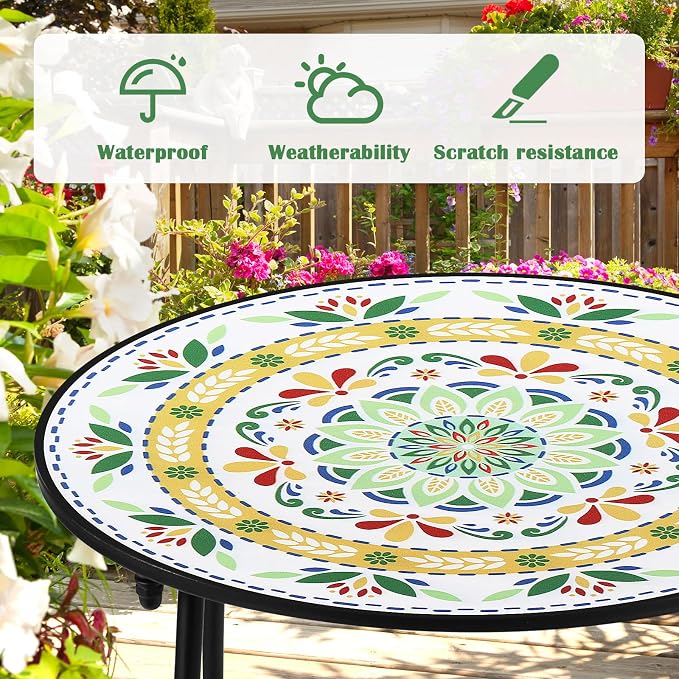 Outdoor Round Side Table, 14'' Unique Colorful Pastoral Style Plant Stand,Mosaic End Table,Bistro Accent Table for Garden Yard Parch Balcony Mother's Day Housewarming Gift