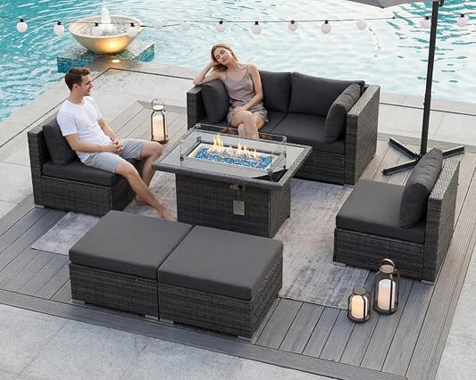 BULEXYARD 7 Piece High Back Outdoor Sectional Set with Fire Pit Table, Modern Wicker Patio Furniture Set Weather-Resistant, Modular 6-Person Couch Sofa Comfortable Wide Deep Seats for Backyard, Grey