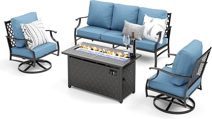 MIXPATIO Patio Furniture Set, 4 Pcs Metal Outdoor Conversation Set, 2 Swivel Chairs and 3 Seater Sofa with 5.75" Extra Thick Cushion and Gas Fire Pit Table for Backyard Deck, Navy Blue