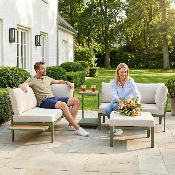 4 Piece Patio Sectional Sofa Set, Patio Furniture Set with Cushions, Outdoor Furniture Conversation Set for 5, Modern Modular Patio Couch with Side Table/Pullout Tray for Deck/Pool, Beige