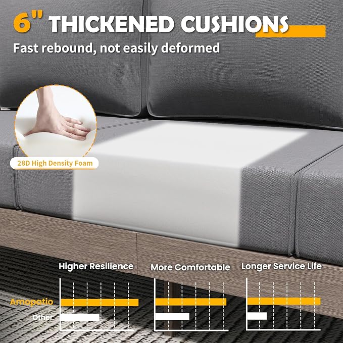 Amopatio Aluminum Patio Furniture Set, 6 Pieces Modern Metal Outdoor Furniture Sets, Faux Wood Grain Finish Frame Patio Sofa with 6" Cushion for Backyard, Dark Grey (Included Waterproof Covers)