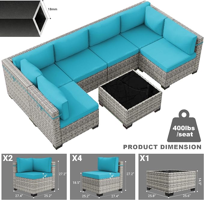 7-Piece Patio Furniture Set, Outdoor Sectional with Thick Cushions, Modular Patio Sofa, Dual-Strand Wicker Rattan, Rust-Resistant Frame, Backyard Furniture for Garden, Deck, Blue