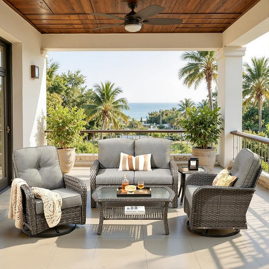 CAODOC 5 Pieces Patio Furniture Set,Outdoor Furniture with Rockers, Rattan Conversation Sets w/Coffee Table, Grey Wicker Light Dark Gray Cushion