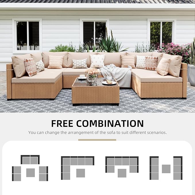 UPHA 7 Pieces Patio Furniture Sets, Wicker Outdoor Sectional Sofa Couch with Coffee Table, Patio Conversation Set for Deck Backyard Garden, Beige Rattan, Beige Cushion